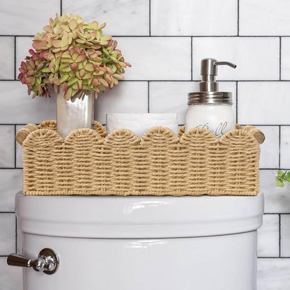 Home Collection Scalloped Edge Toilet Paper Storage Basket Paper Rope Organizer with Wooden Handles