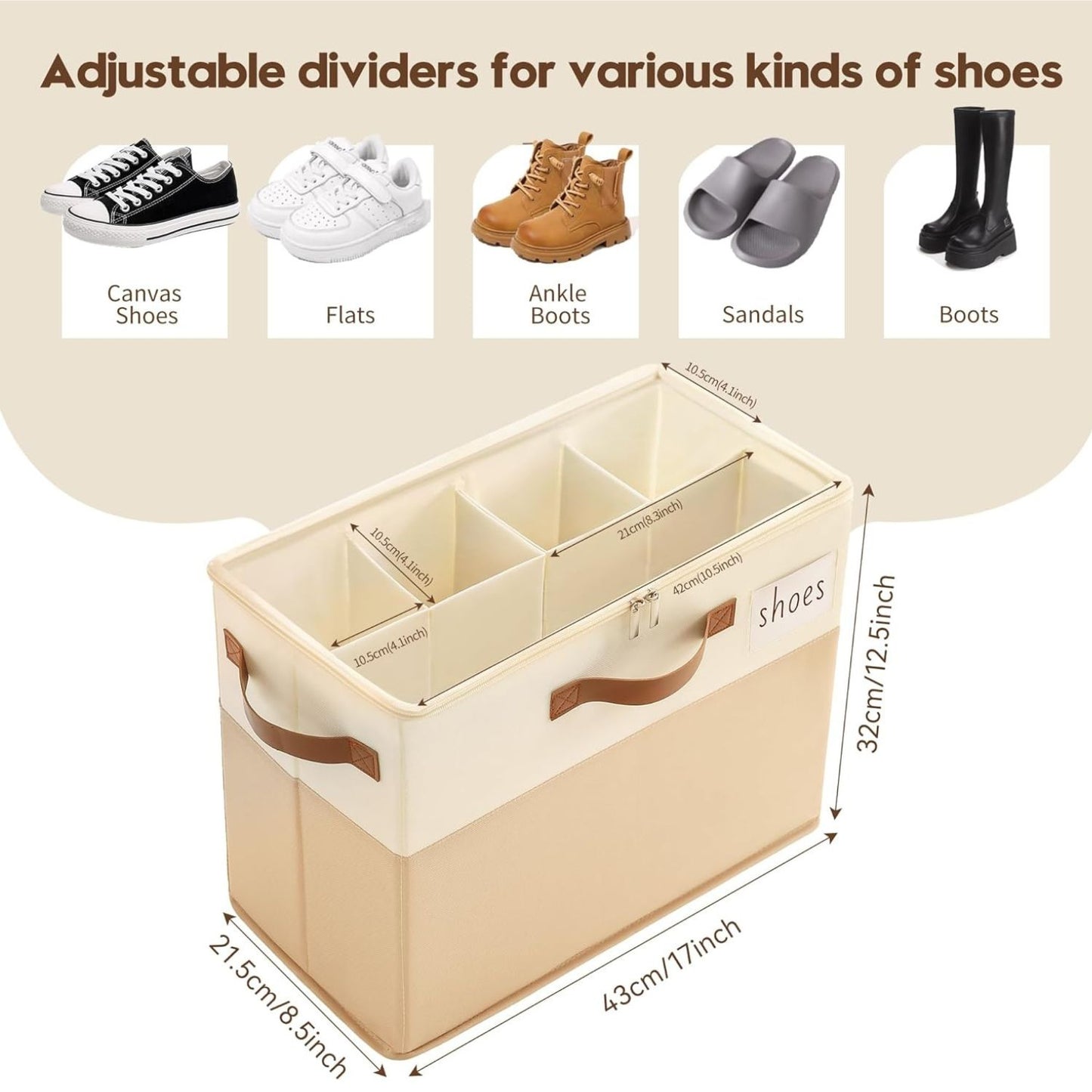 Home Collection Fabric Shoe Organizer Box with Adjustable Dividers and Clear Cover