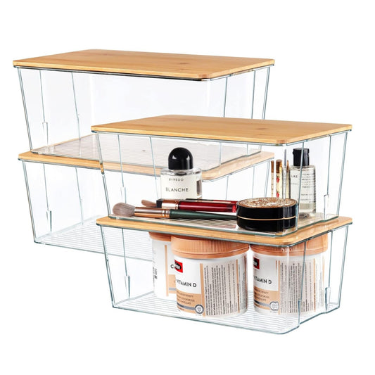 Home Collection 4 Pack Clear Plastic Storage Bins with Bamboo Lids