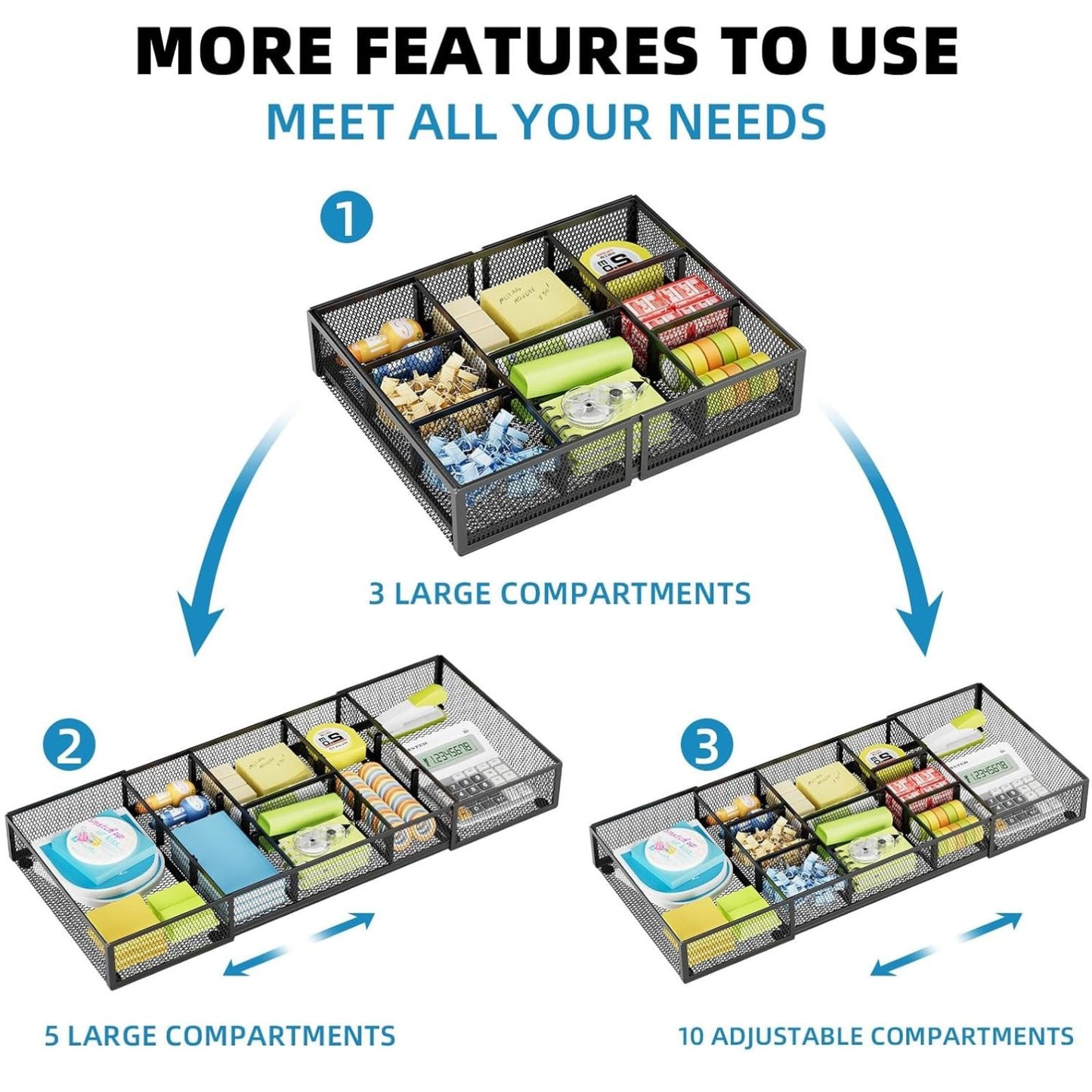 Home Collection Longer Expandable Mesh Desk Drawer Organizer Tray with 10 Adjustable Compartments