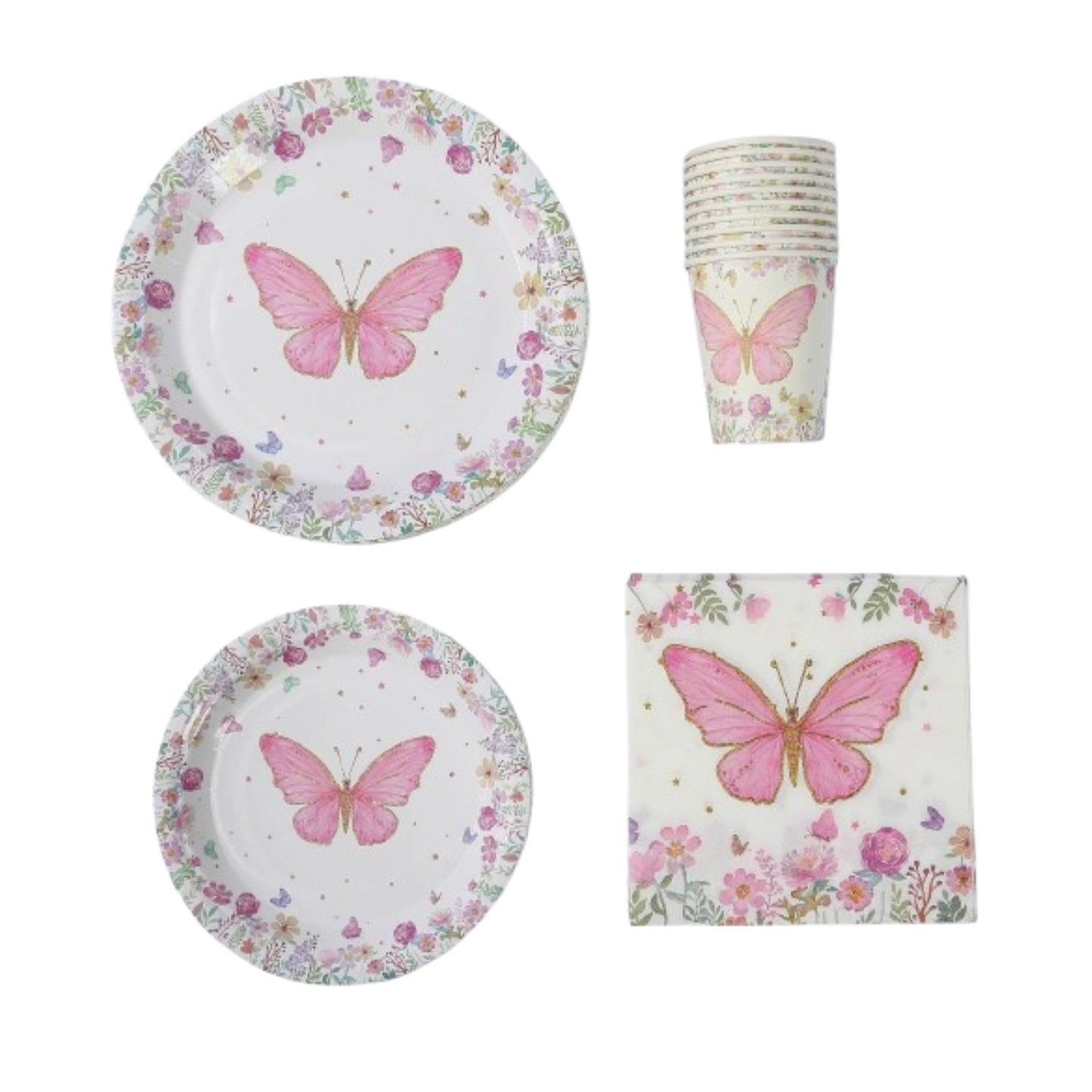 Home Collection 96Pieces White and Pink Butterfly Print Disposable Tableware Set
