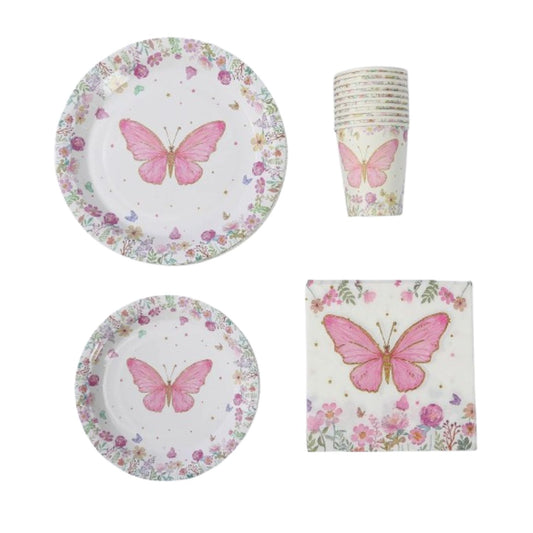 Home Collection 96Pieces White and Pink Butterfly Print Disposable Tableware Set