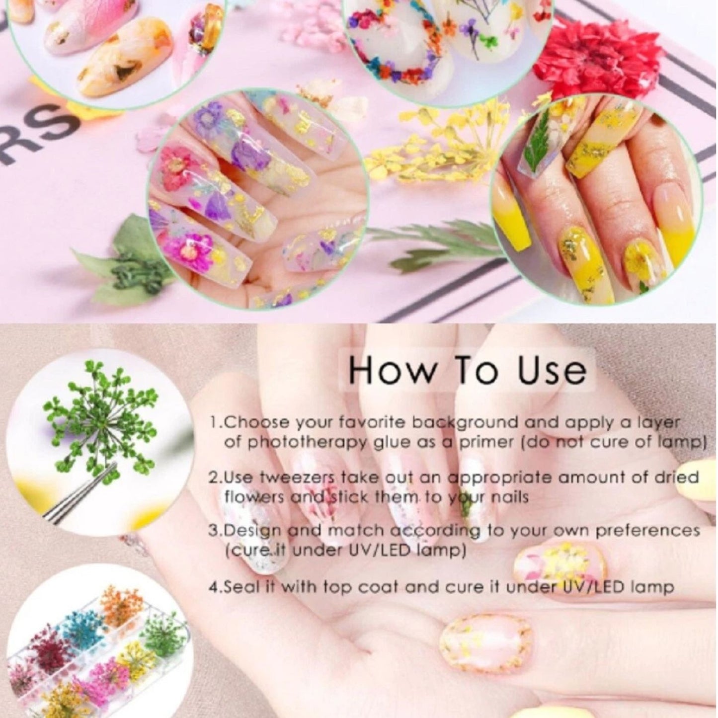 Home Collection 12Color Real Dried Flowers Nail Art Set
