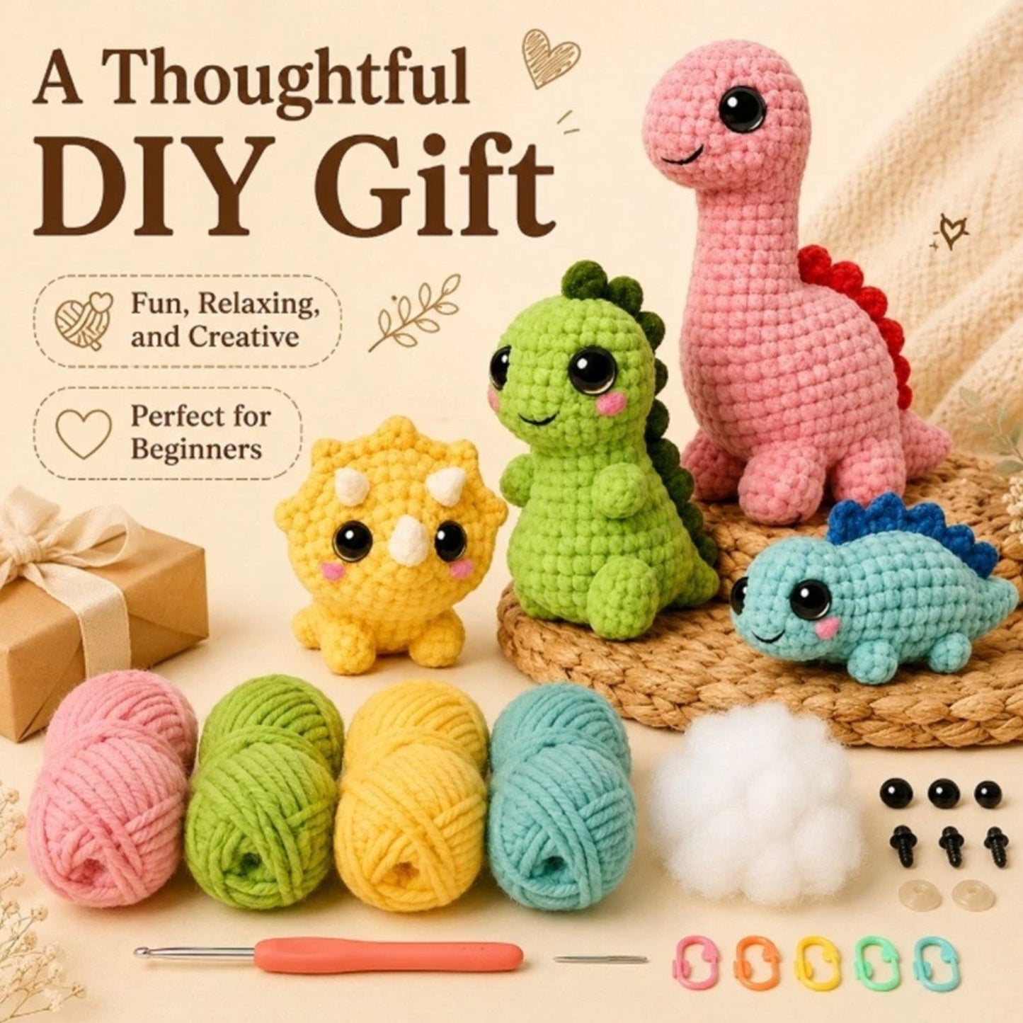 Home Collection Pack of 4 Dinosaur Crochet Kit for Beginners