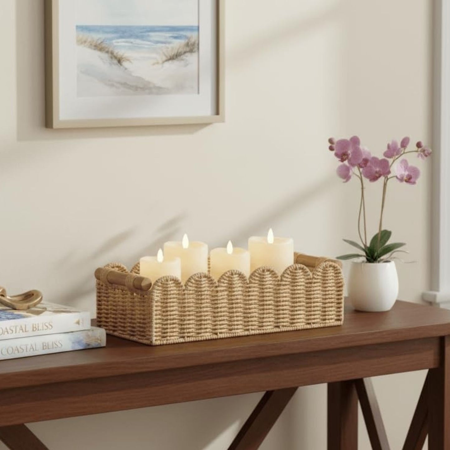 Home Collection Scalloped Edge Toilet Paper Storage Basket Paper Rope Organizer with Wooden Handles
