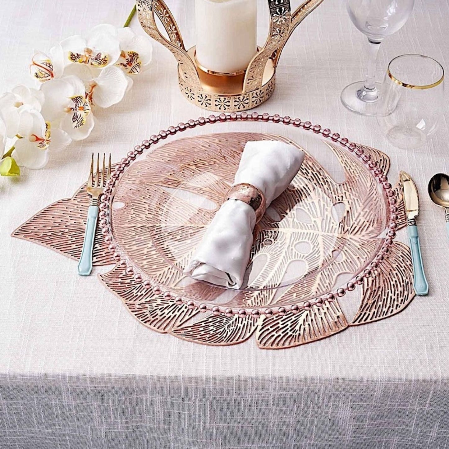 Pack of 6 Tropical Monstera Leaf Metallic Vinyl Placemats Rose Gold 18 Inch