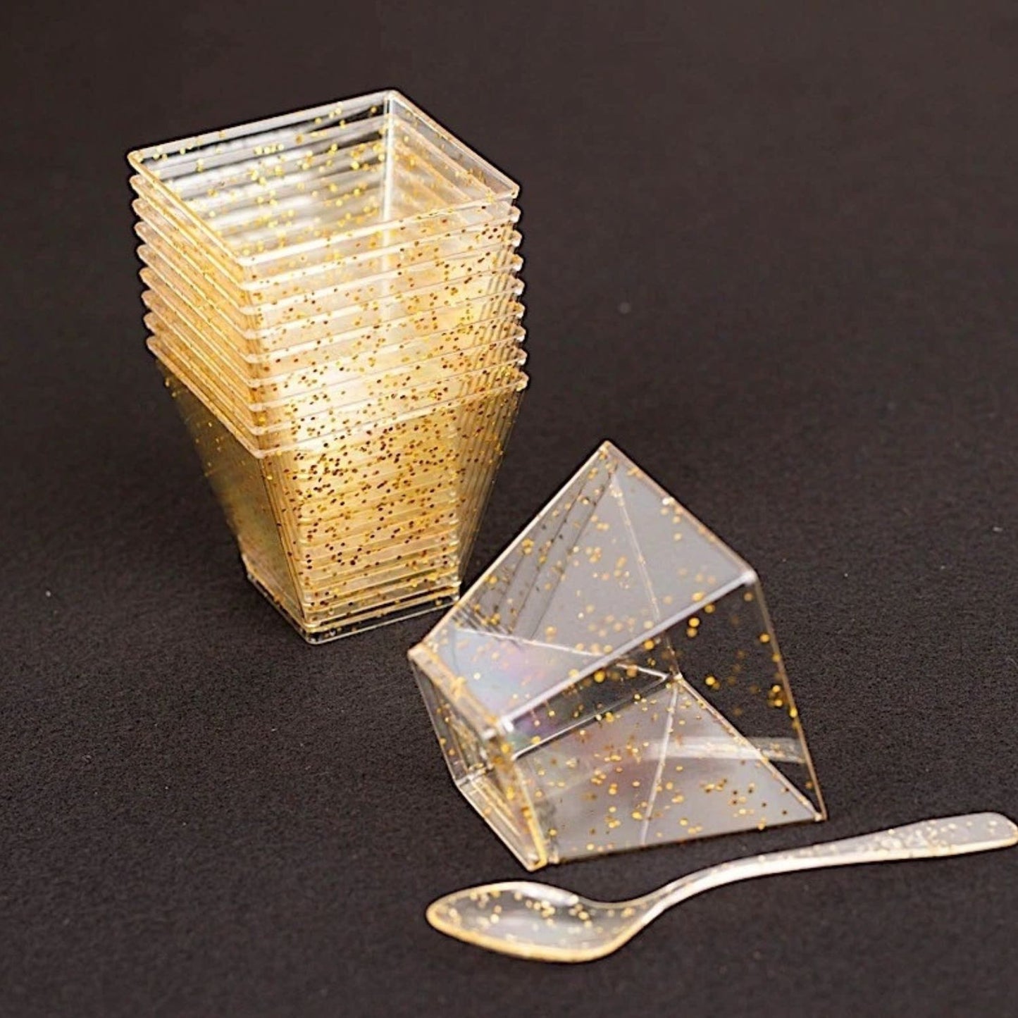 Pack of 24 2oz Clear Gold Glitter Square Dessert Cups with Spoons