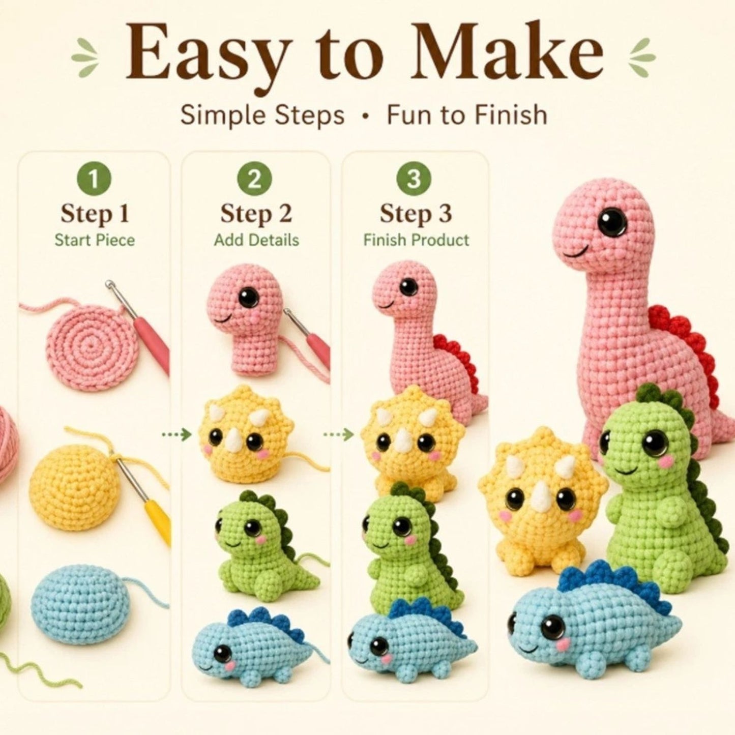 Home Collection Pack of 4 Dinosaur Crochet Kit for Beginners