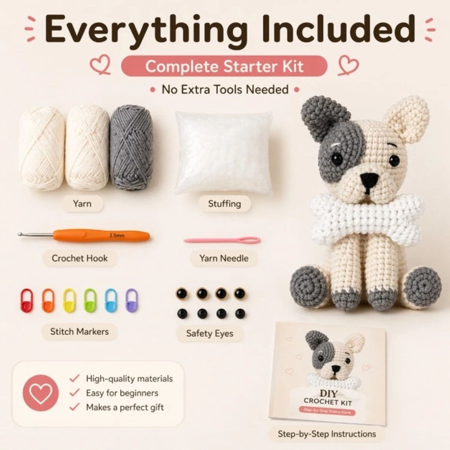 Home Collection Bulldog Crochet Kit Pack of 2 for Beginners