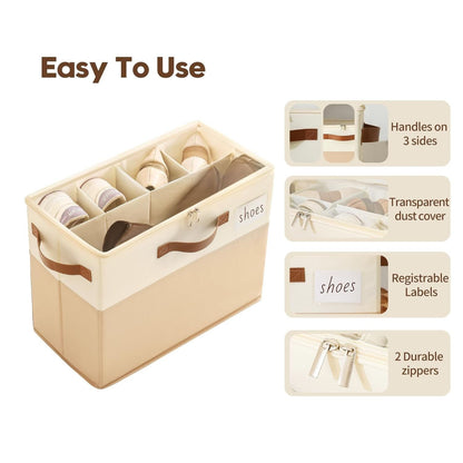 Home Collection Fabric Shoe Organizer Box with Adjustable Dividers and Clear Cover