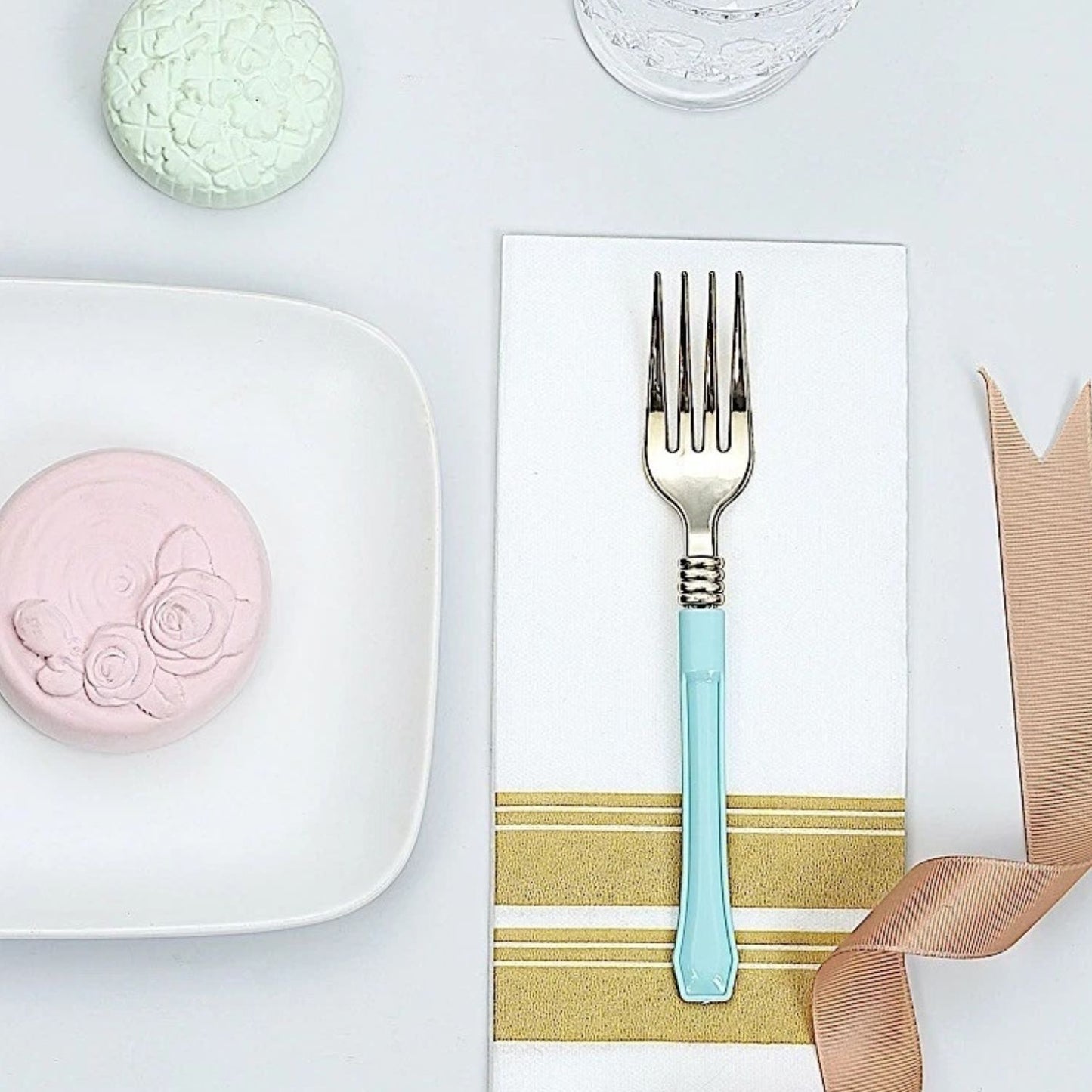 Home Collection Metallic Gold Disposable Forks with Blue Handle