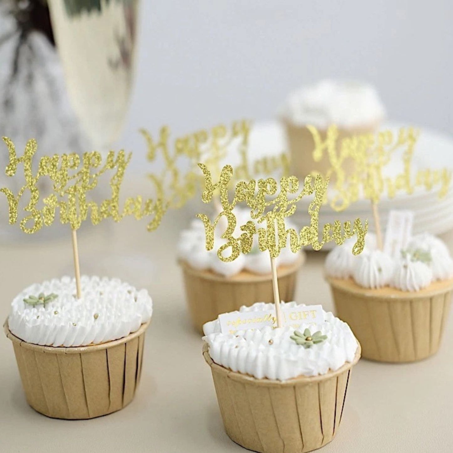 Home Collection 24-Pack Gold Glitter Happy Birthday Cupcake Toppers