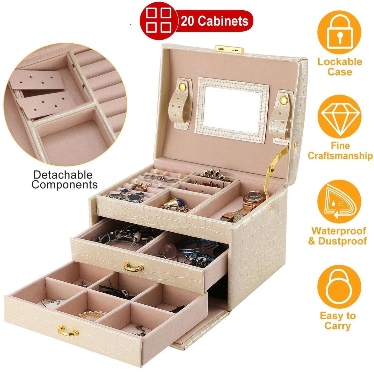 Home Collection 3-Layer PU Leather Lockable Jewelry Box