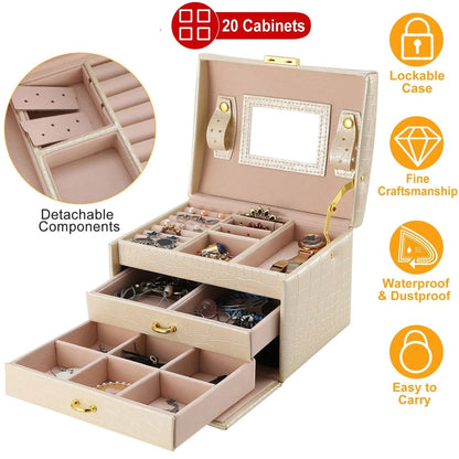 Home Collection 3-Layer PU Leather Lockable Jewelry Box