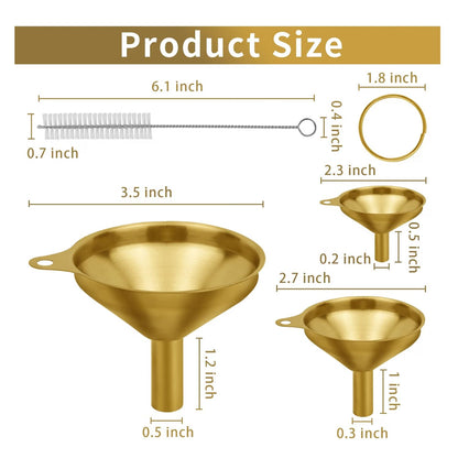 Home Collection Pack of 3 Gold Stainless Steel Mini Kitchen Funnels with Cleaning Brush