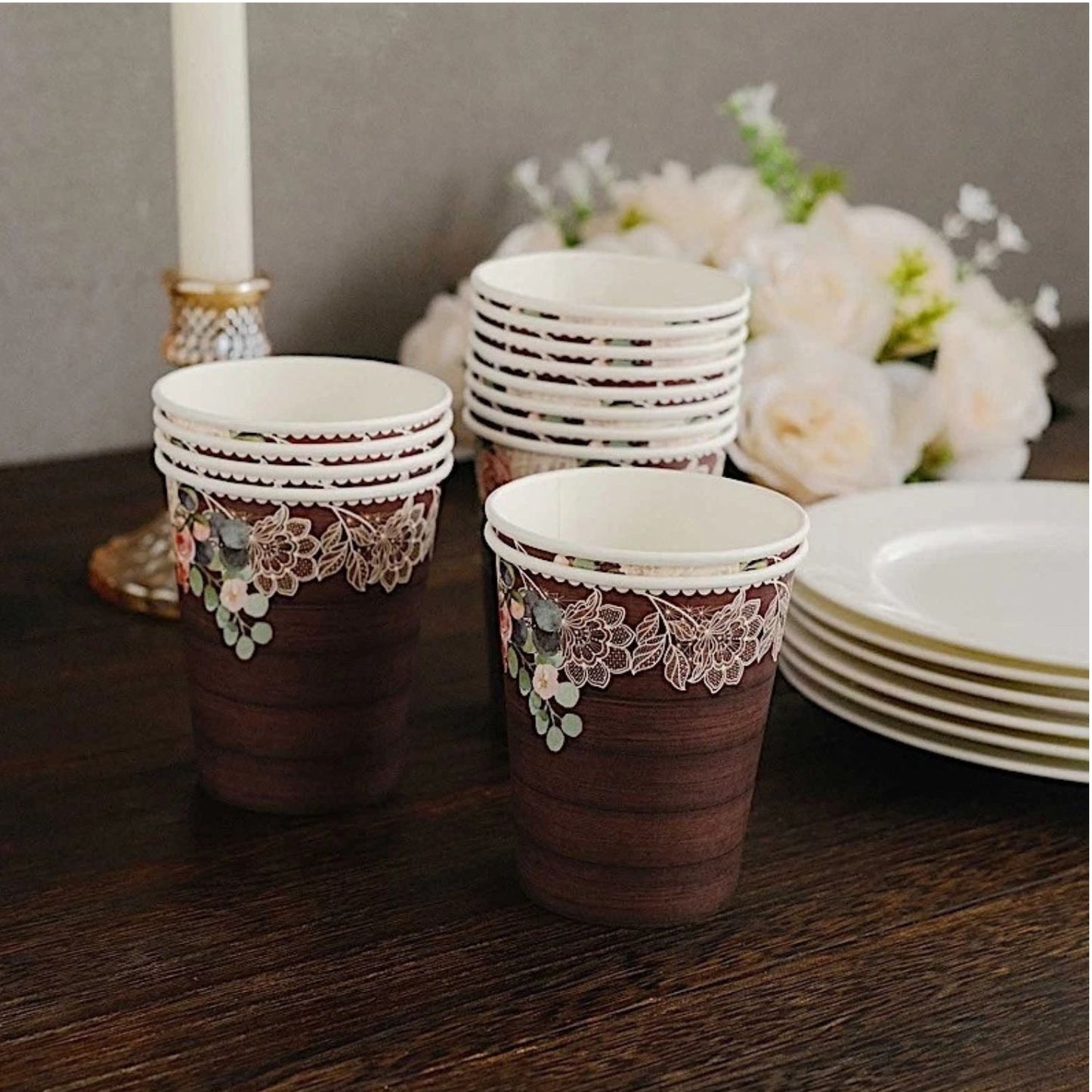 Home Collection Pack of 24 Brown Rustic Wood Print Paper Cups