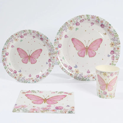 Home Collection 96Pieces White and Pink Butterfly Print Disposable Tableware Set