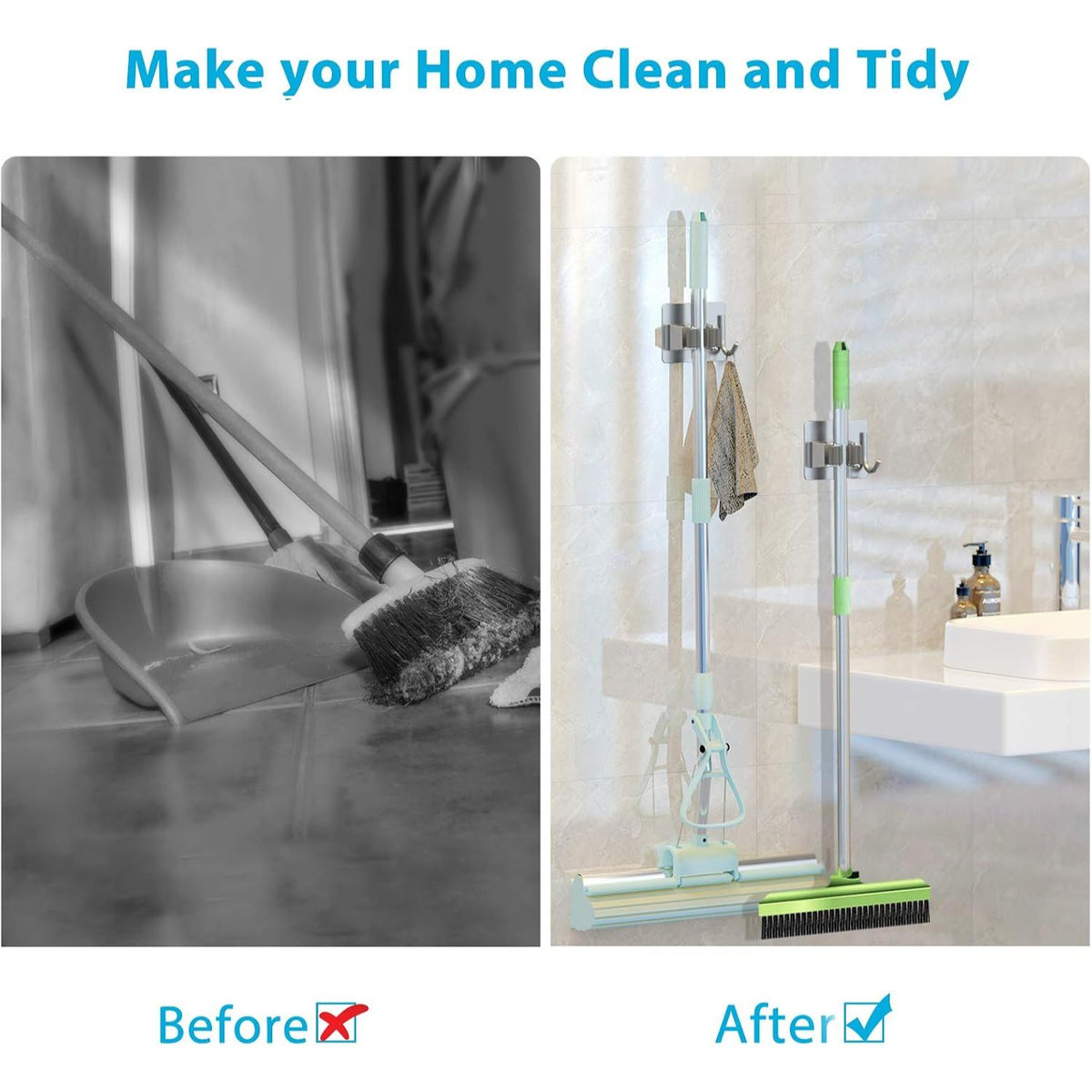 Home Collection Stainless Steel Wall Mounted Mop and Broom Holder with Hooks