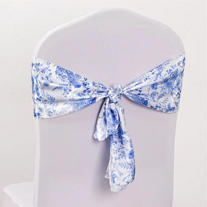 Home Collection White and Blue Floral Print Satin Chair Sashes