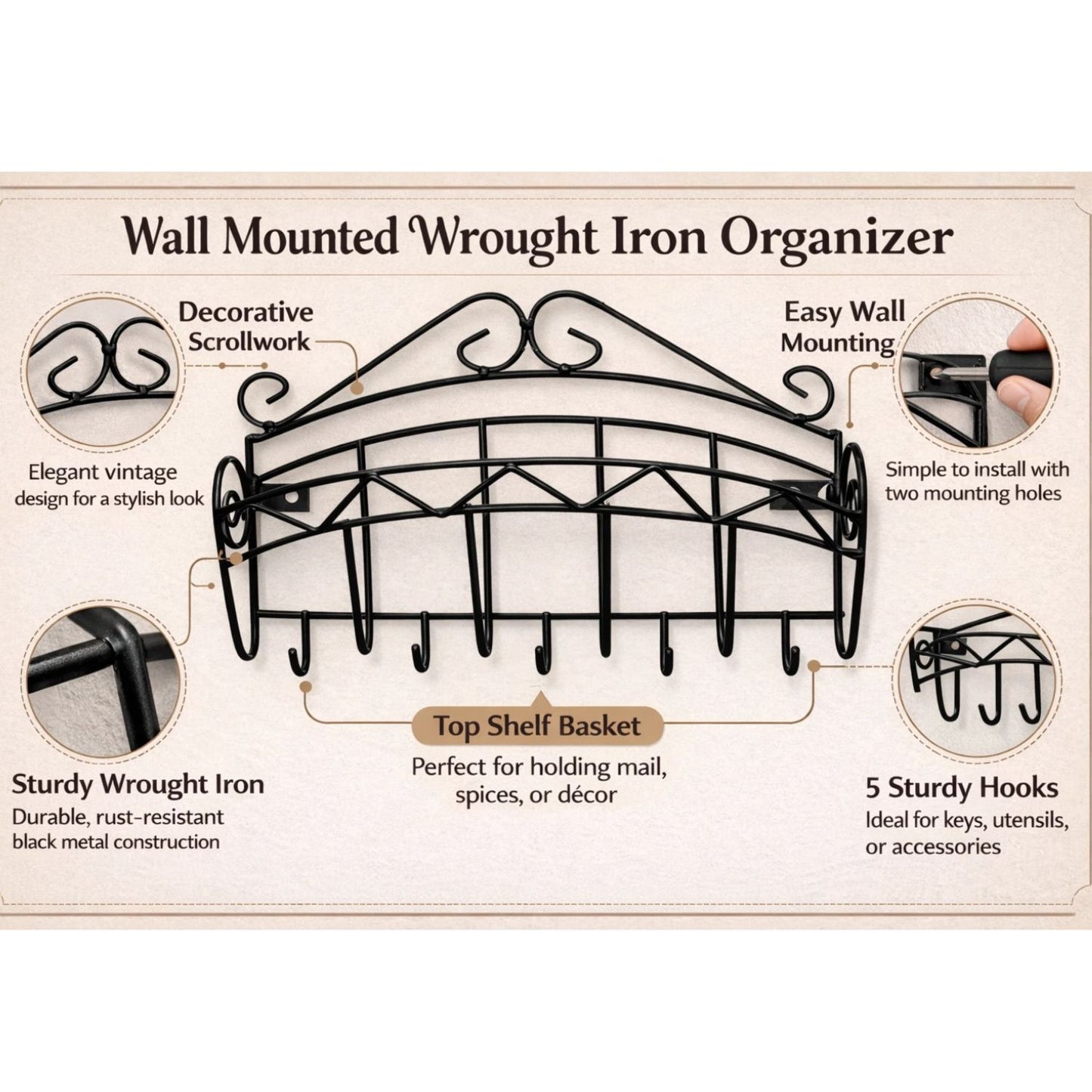 Home Collection Black Wrought Iron Wall Key Rack