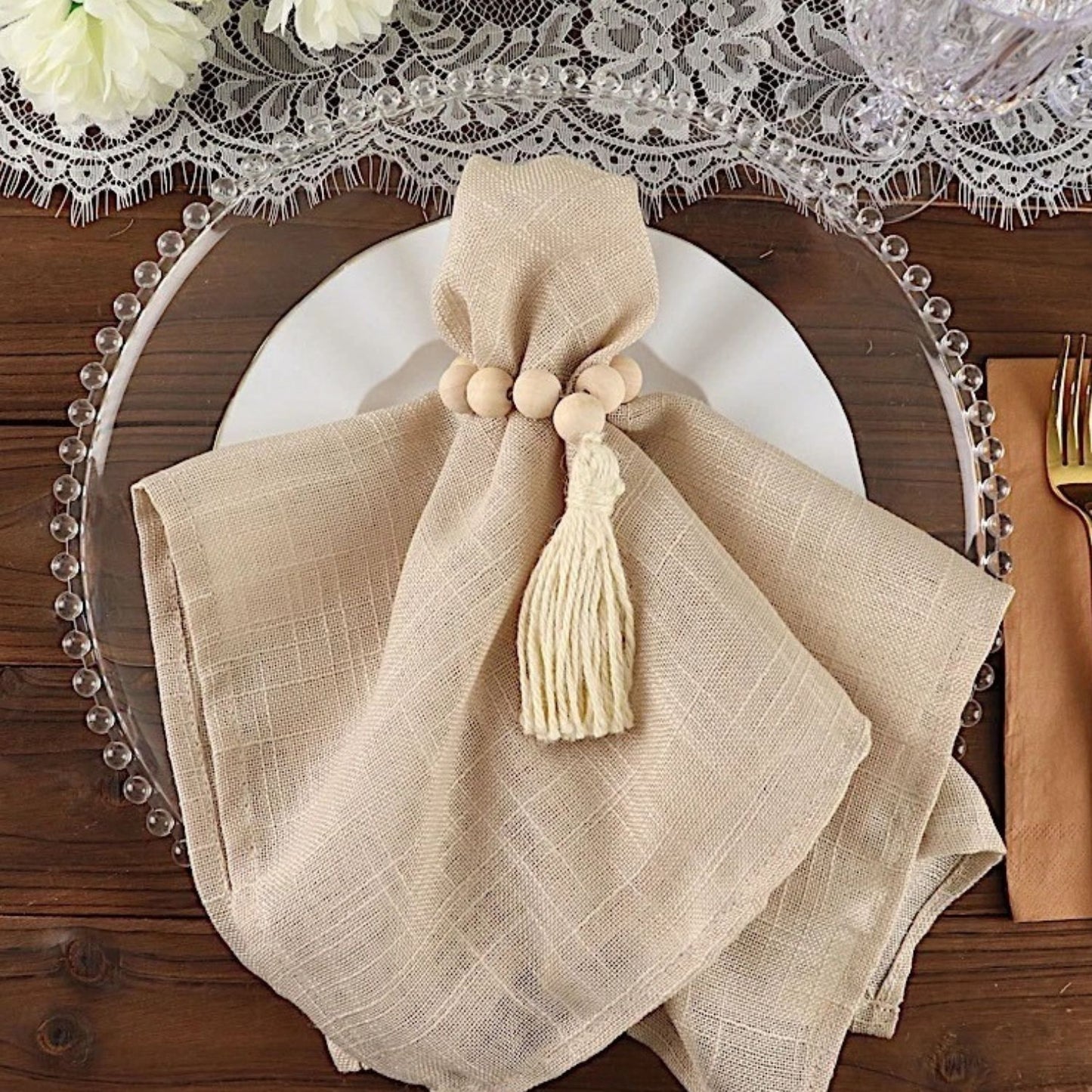 Home Collection 4-Pack Cream Round Wood Bead Napkin Rings