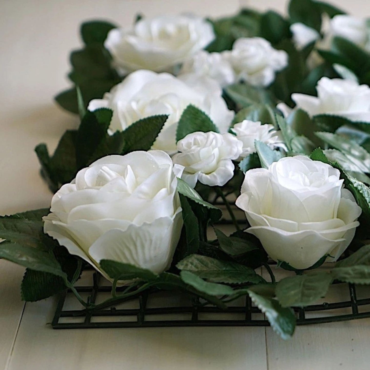 Home Collection Green and White Rose Silk Flower Wall Backdrop Panel 24x18 Inch