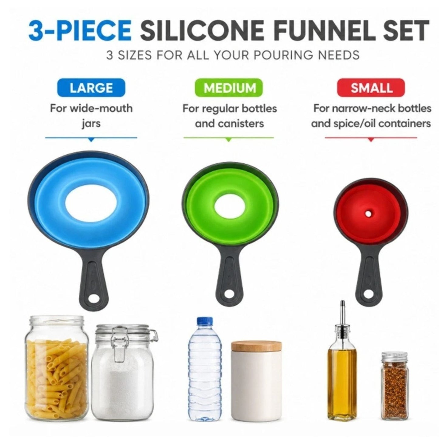 Home Collection Pack of 3 Collapsible Kitchen Funnel Set