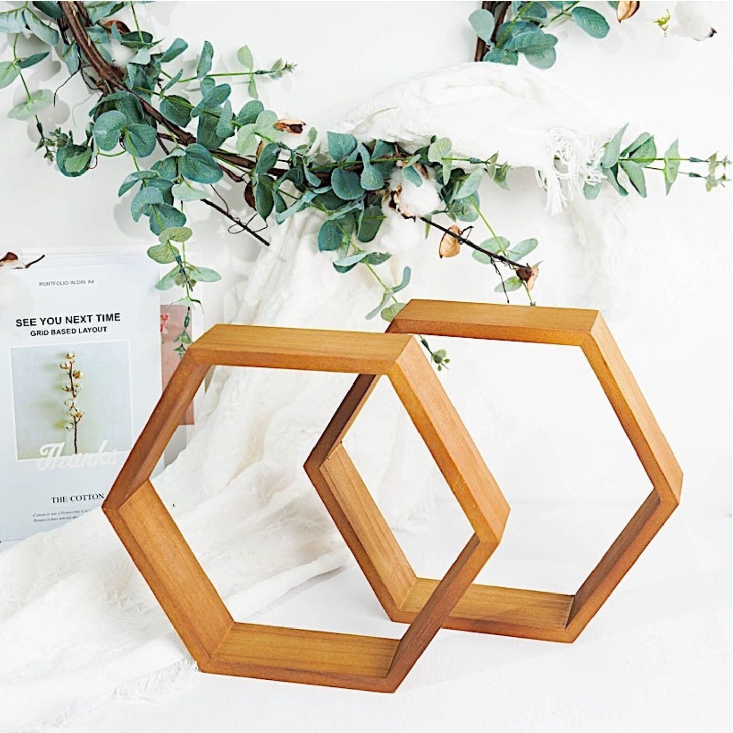 2Pcs Hexagon Wood Geometric Wall Shelves