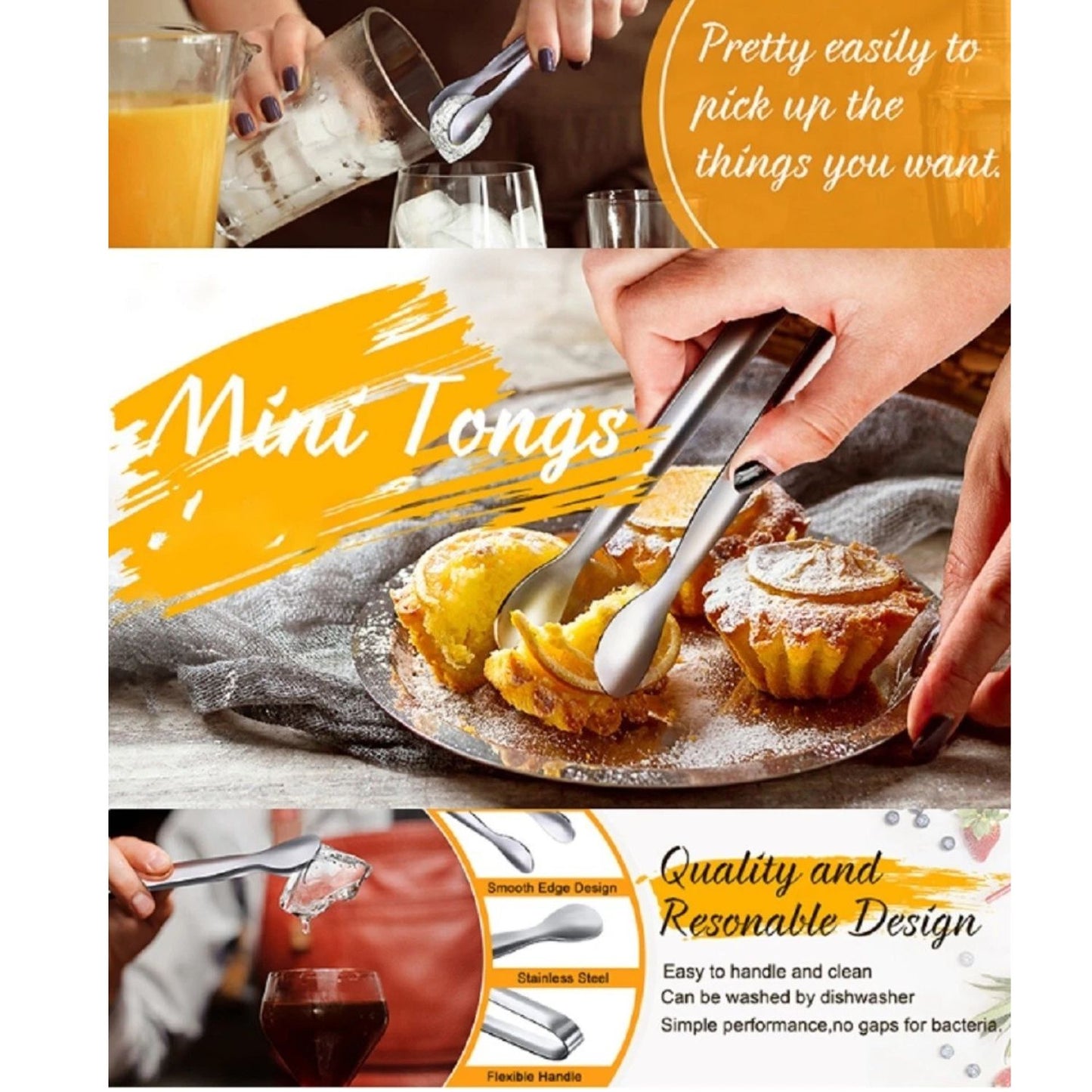 Home Collection Pack of 6 Stainless Steel Mini Serving Tongs Set