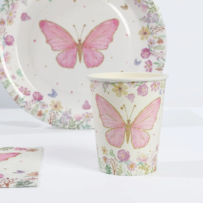 Home Collection 96Pieces White and Pink Butterfly Print Disposable Tableware Set