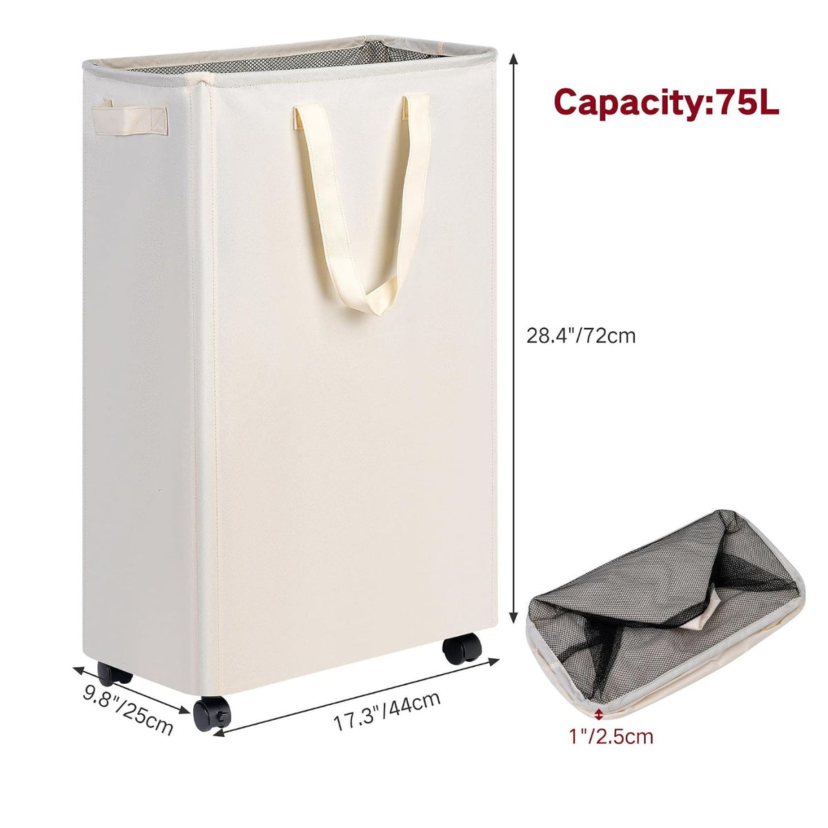 Home Collection 75L Slim Rolling Laundry Hamper with Wheels for Clothes