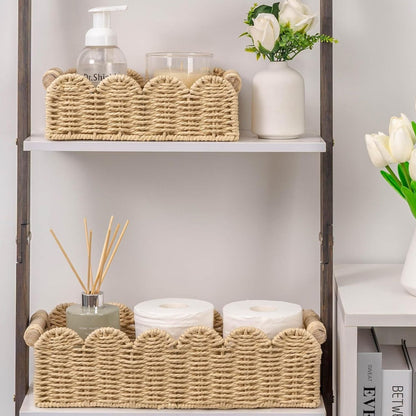 Home Collection Scalloped Edge Toilet Paper Storage Basket Paper Rope Organizer with Wooden Handles