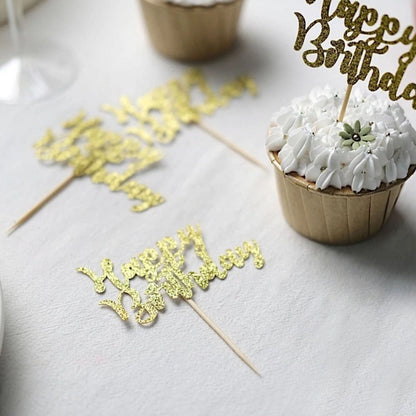 Home Collection 24-Pack Gold Glitter Happy Birthday Cupcake Toppers