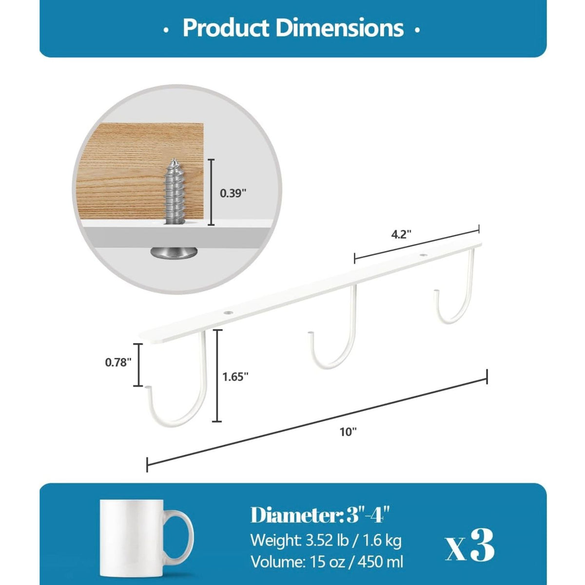 Home Collection Pack of 3 Under Cabinet Mug Holders with 9 Hooks for Cups and Utensils