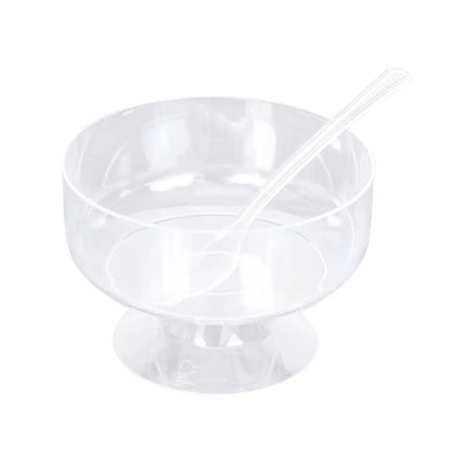 Home Collection Pack of 24 Clear Crystal Plastic Footed Dessert Cups 6oz with Spoons