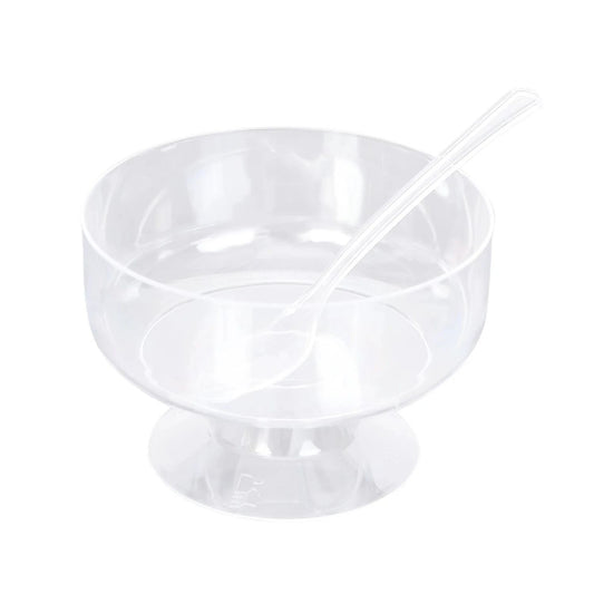 Home Collection Pack of 24 Clear Crystal Plastic Footed Dessert Cups 6oz with Spoons