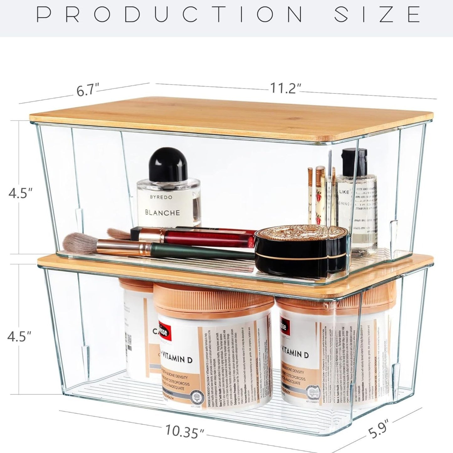 Home Collection 4 Pack Clear Plastic Storage Bins with Bamboo Lids