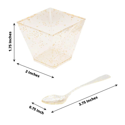 Pack of 24 2oz Clear Gold Glitter Square Dessert Cups with Spoons