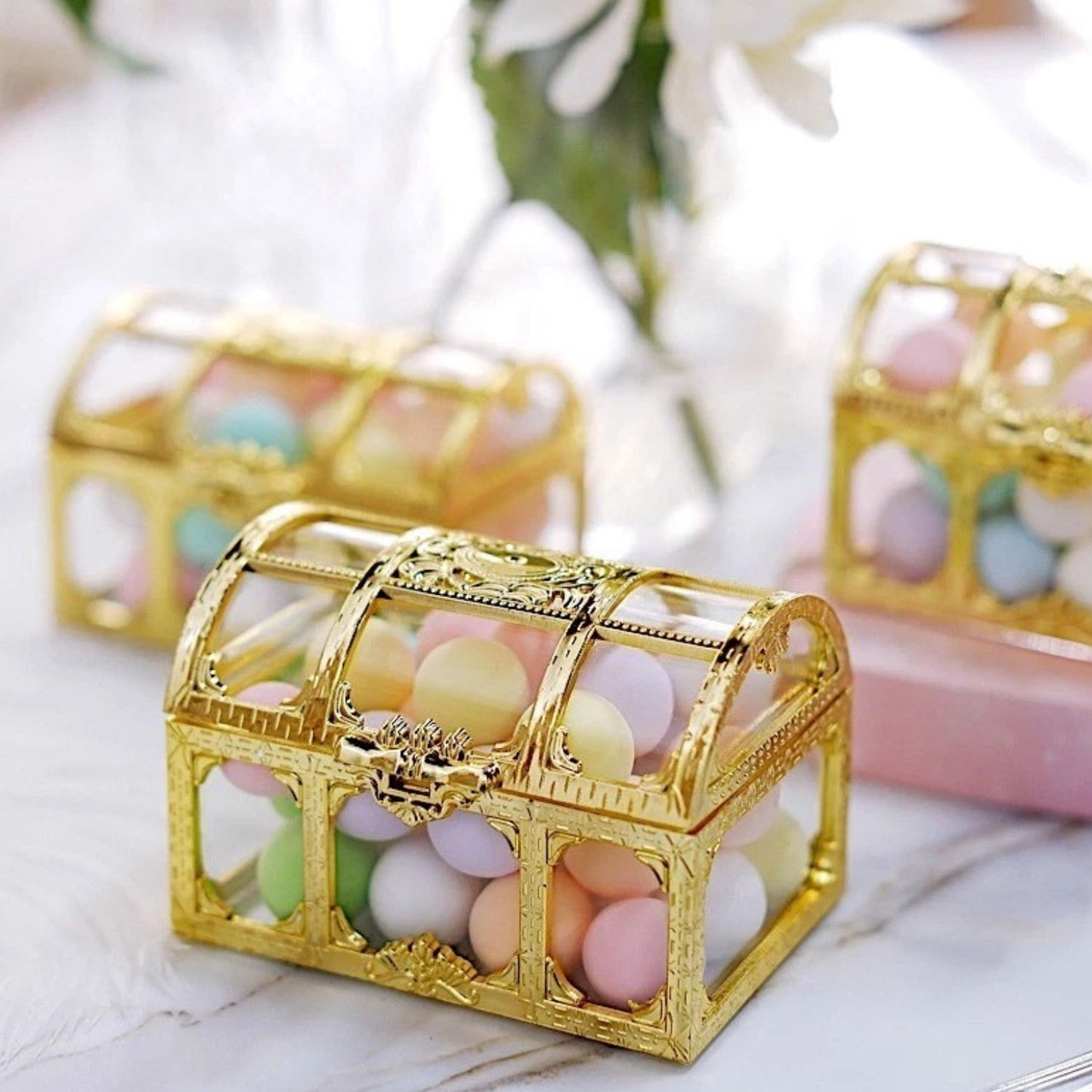 Home Collection 24-Pack 2.5" Mini Treasure Chest Favor Boxes Clear and Gold