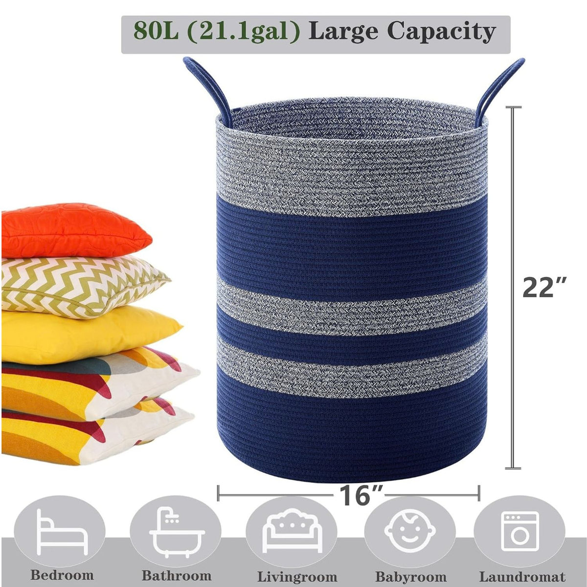 Home Collection 80L Tall Woven Rope Laundry Hamper and Storage Basket