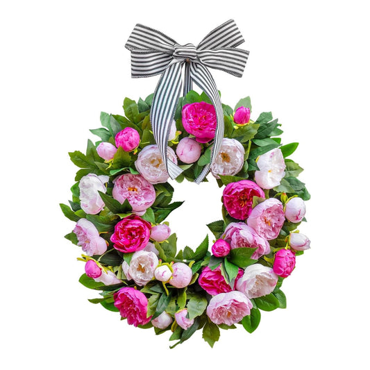 Home Collection Spring Wreath for Front Door with Pink White Peonies and Striped Bow 24 Inch