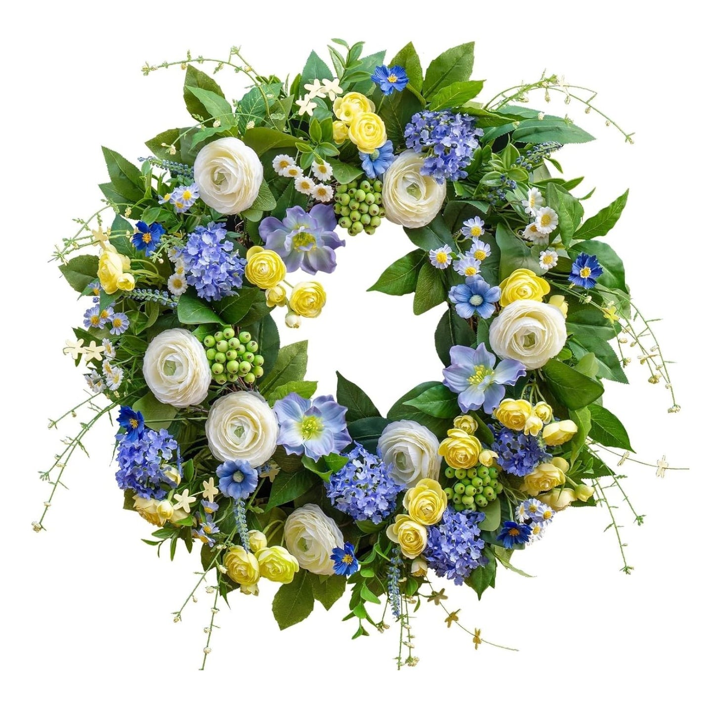 Home Collection Artificial Spring Wreath with Hydrangea Anemone Wild Daisy and Berry Accents 24 Inch