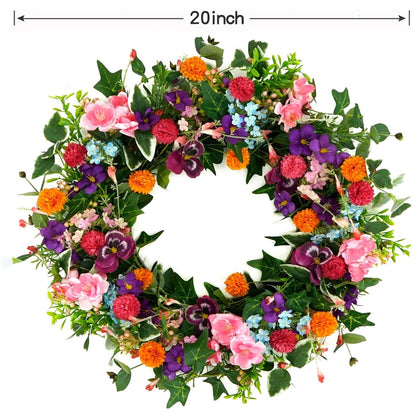 Home Collection Spring and Summer Pansy Wreath with Pink Cherry Blossoms for Front Door