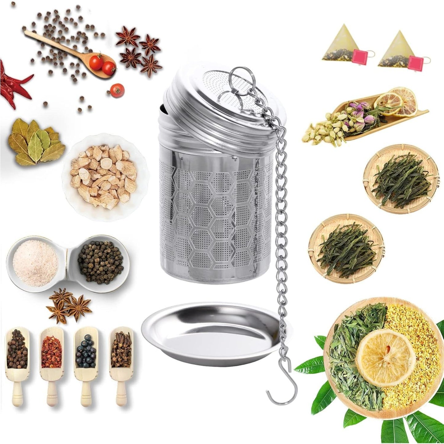 Home Collection Pack of 2 Stainless Steel Tea Infusers with Chain Hook and Threaded Lid