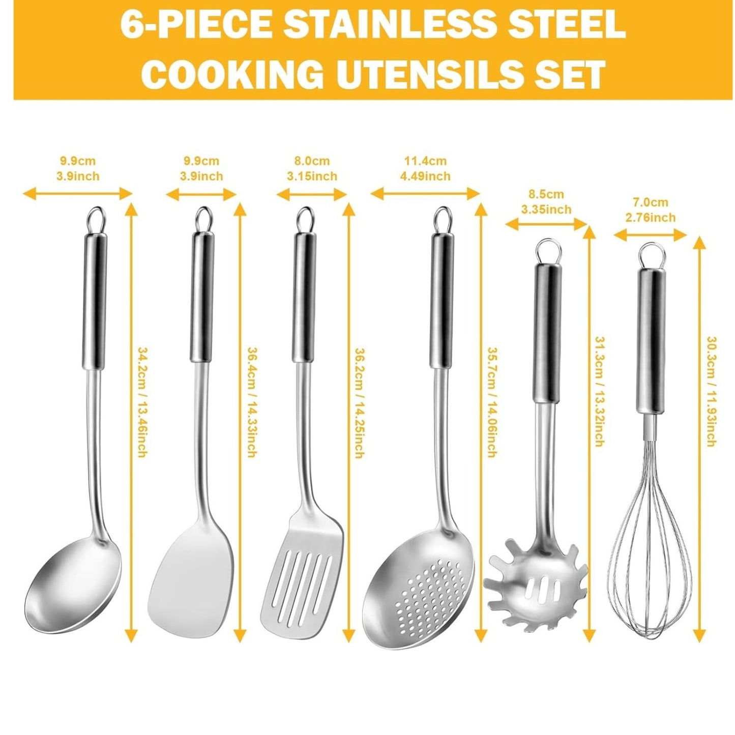 Home Collection Pack of 6 Stainless Steel Kitchen Utensils Set with Hanging Handles