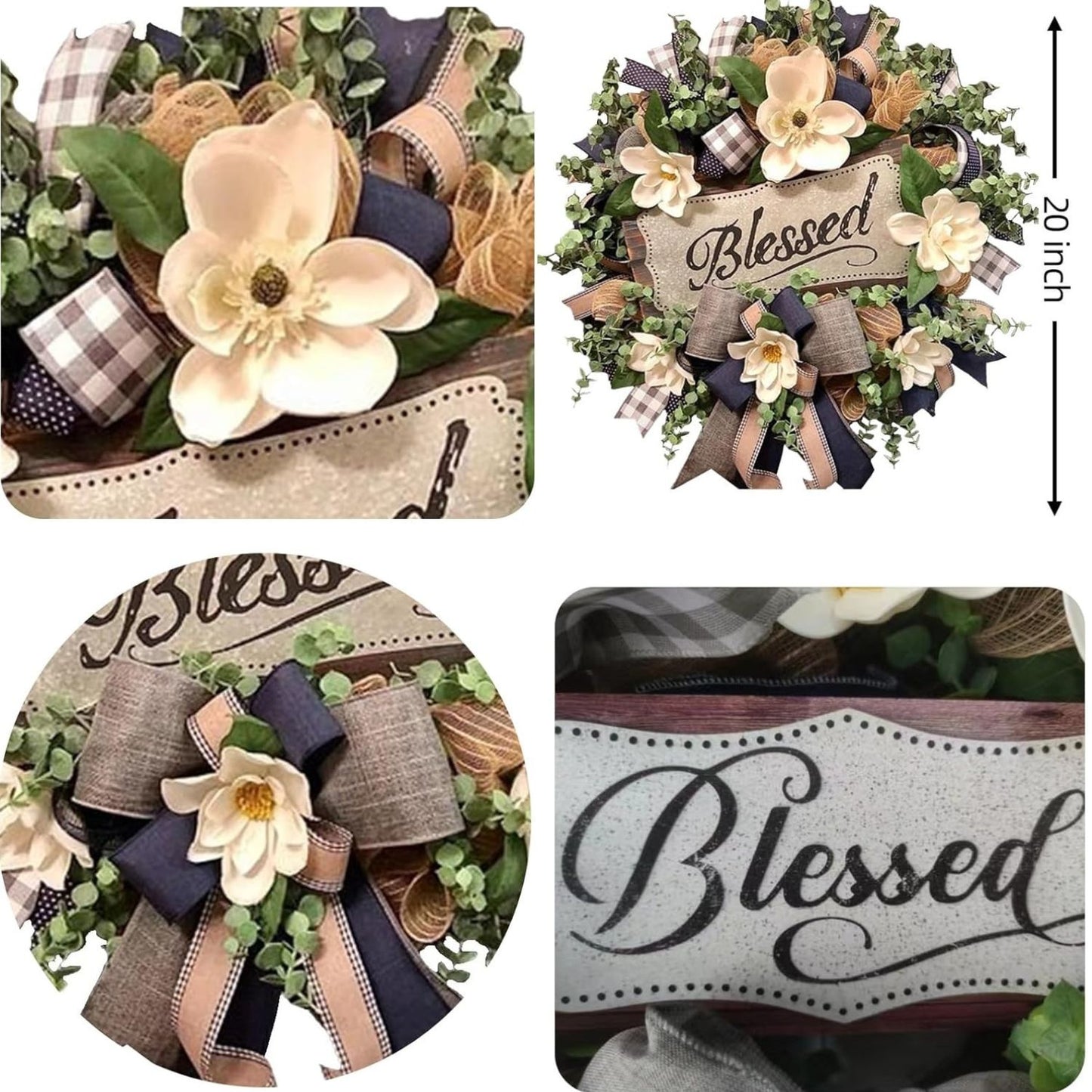 Home Collection Spring Summer Farmhouse Front Door Wreath with White Flowers & Buffalo Plaid Bow