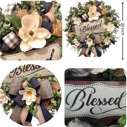 Home Collection Spring Summer Farmhouse Front Door Wreath with White Flowers & Buffalo Plaid Bow