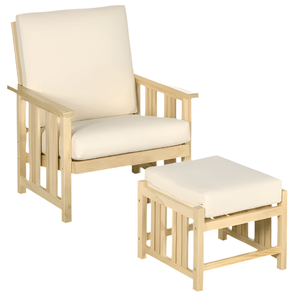 Natural Pine Wood Lounge Chair Set with Cushions