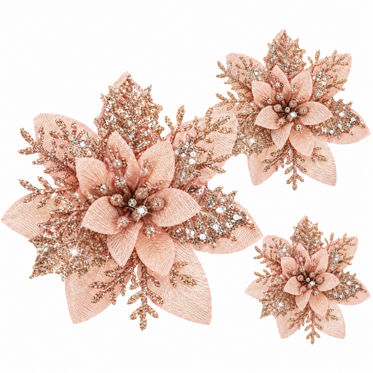 Home Collection Pack of 24 Glitter Christmas Poinsettia Flowers Clip-On Tree Ornaments