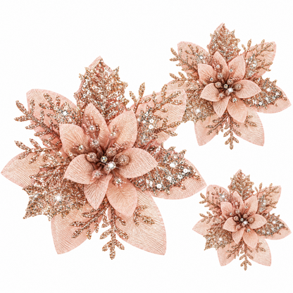 Home Collection Pack of 24 Glitter Christmas Poinsettia Flowers Clip-On Tree Ornaments